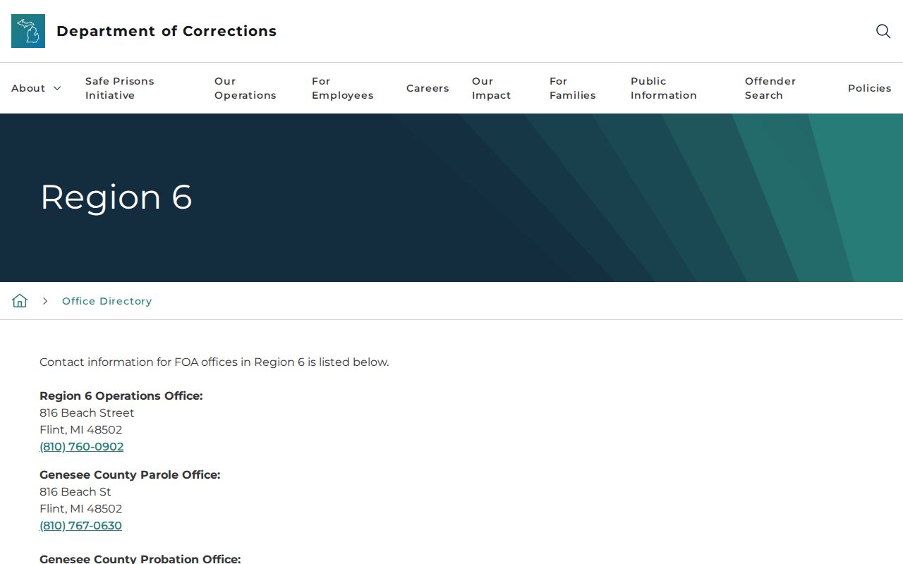 Michigan Department of Corrections Region 6 parole and probation office directory