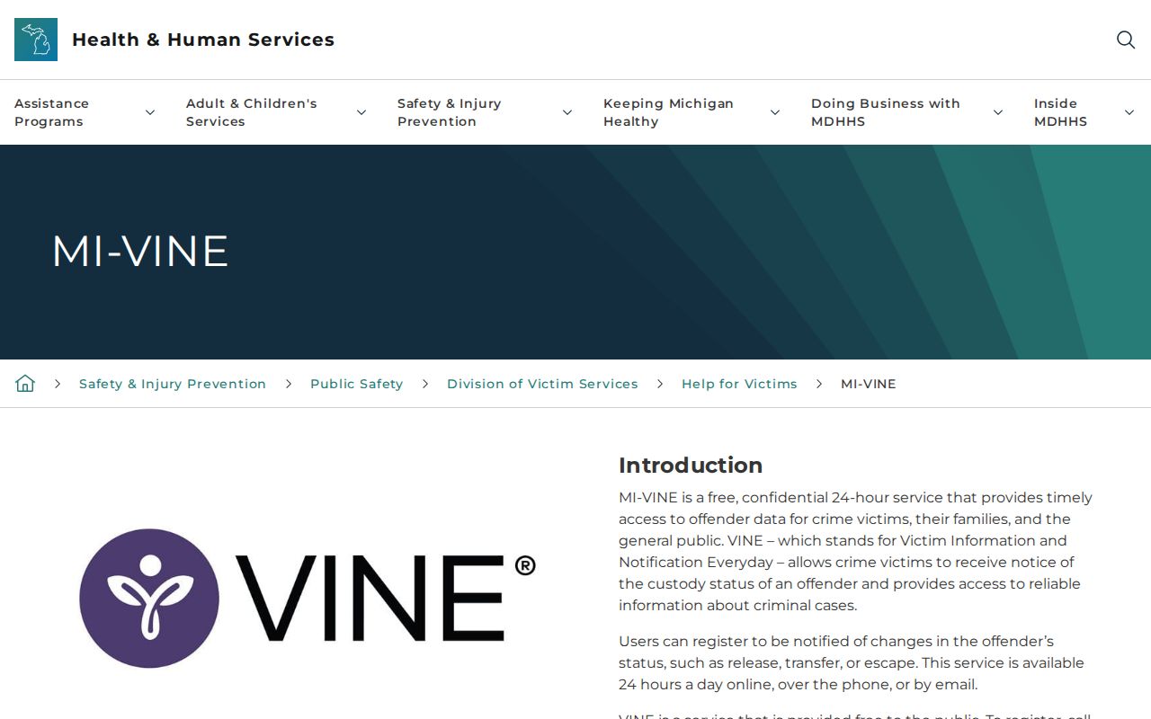 Michigan MI-VINE release notification overview for St. Clair County custody events