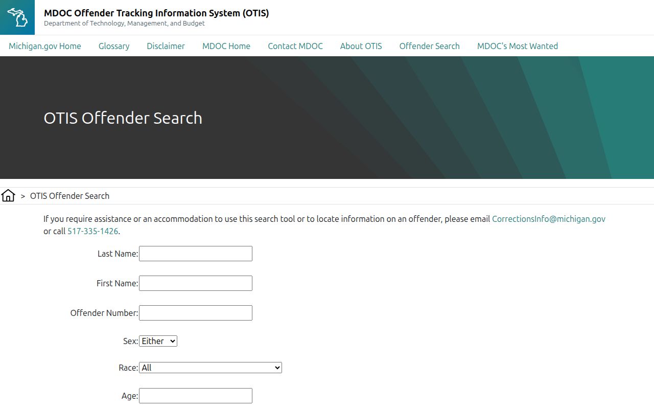 Michigan OTIS offender search form with supervision status filters
